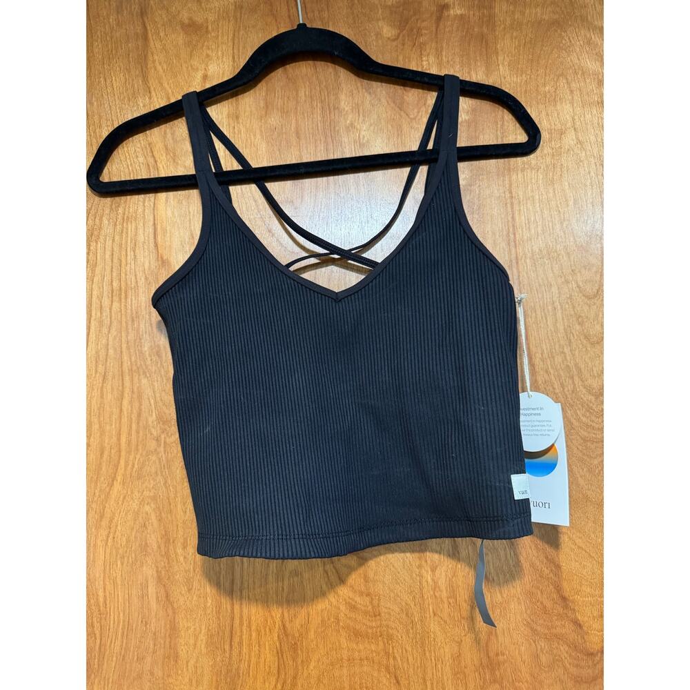 Vuori Rib Crop Tank Black V-Neck Strappy Cross Back Built-In Bra NWT Size Small